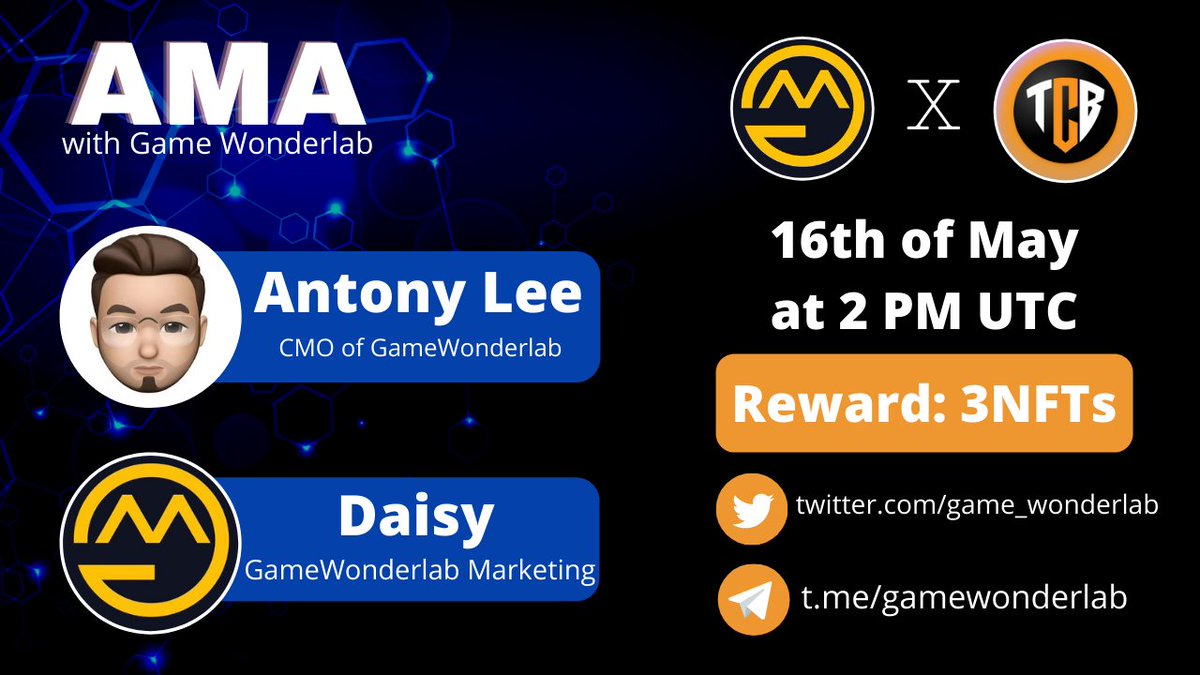 TheCryptoBlade's tweet photo. We are excited to announce our next #AMA with @game_wonderlab on 16th May, 2:00 PM UTC.

🎁Reward: 3NFTs
🏛️AMA Room: https://t.co/fNxgI1KHoK

Rules:
☑️Follow @TheCryptoBlade &amp; @game_wonderlab
☑️Like &amp; Retweet this Announcement
☑️Comment Questions (Max 3) &amp; Tag 3 Friends https://t.co/F82szgnt45