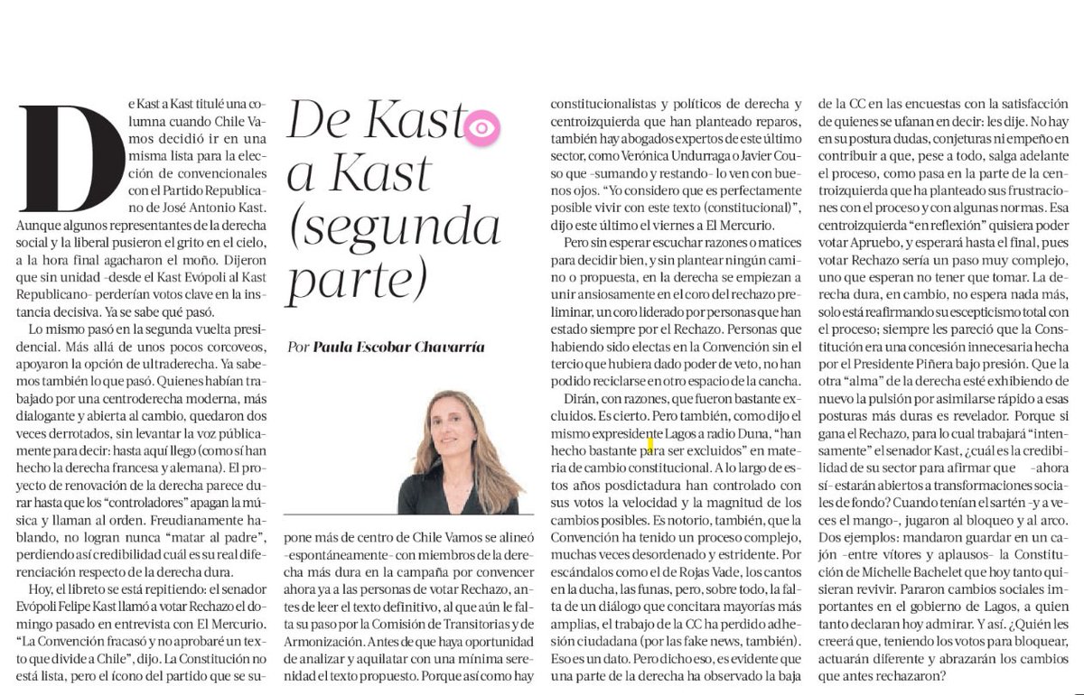 paulaescobarch's tweet photo. Si gana el Rechazo, para lo cual trabajará “intensamente” el senador Felipe Kast,¿cuál es la credibilidad de su sector para afirmar que -ahora sí- estarán abiertos a transformaciones de fondo? Cuando tenían el sartén -y a veces el mango-, jugaron al bloqueo y al arco. Mi columna: https://t.co/34E6S9hFZf
