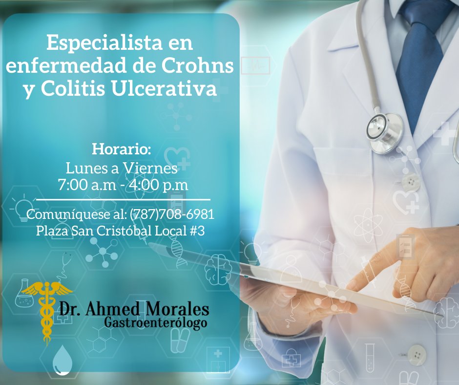 NoticiasdePonce's tweet photo. Noticias de Ponce llega a ustedes gracias al auspicio del Dr. Ahmed Morales, Gastroenterólogo, especialista en enfermedad de Crohn y Colitis ulcerativa. Horario de lunes a viernes de 7:00am a 4:00pm Plaza San Cristóbal Local #3 en Ponce. https://t.co/Y80vTmBHkc