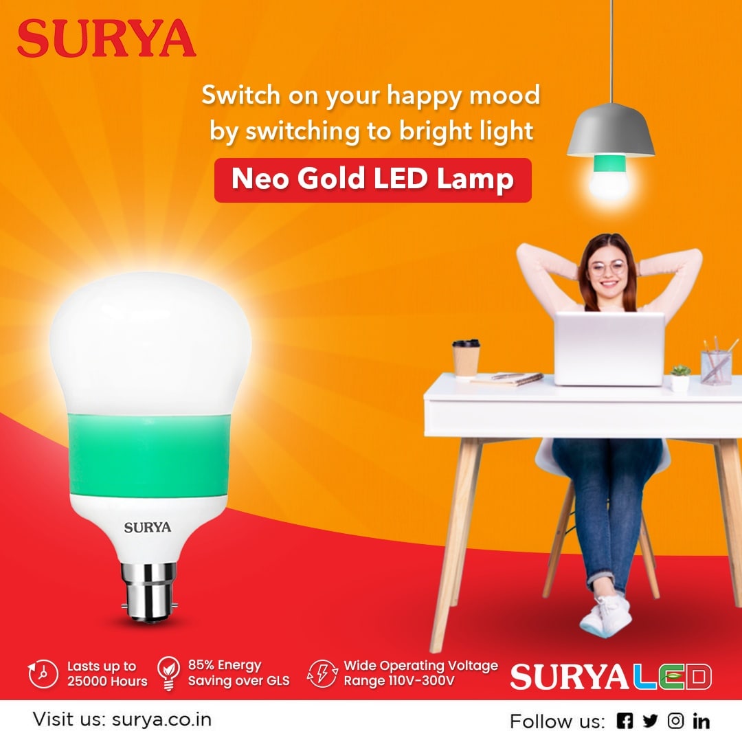 Brig bølge mølle Surya Roshni on Twitter: "Bright Energy Saving Light Matlab Happy You.  Switch to Surya Neo Gold LED Lamp Now. Visit us at- https://t.co/c7VcwX0FLK  #Surya #SuryaLED #SuryaRoshni #MadeInIndia #LedLighting #LedLight  #SaveElectricity #India #LED #