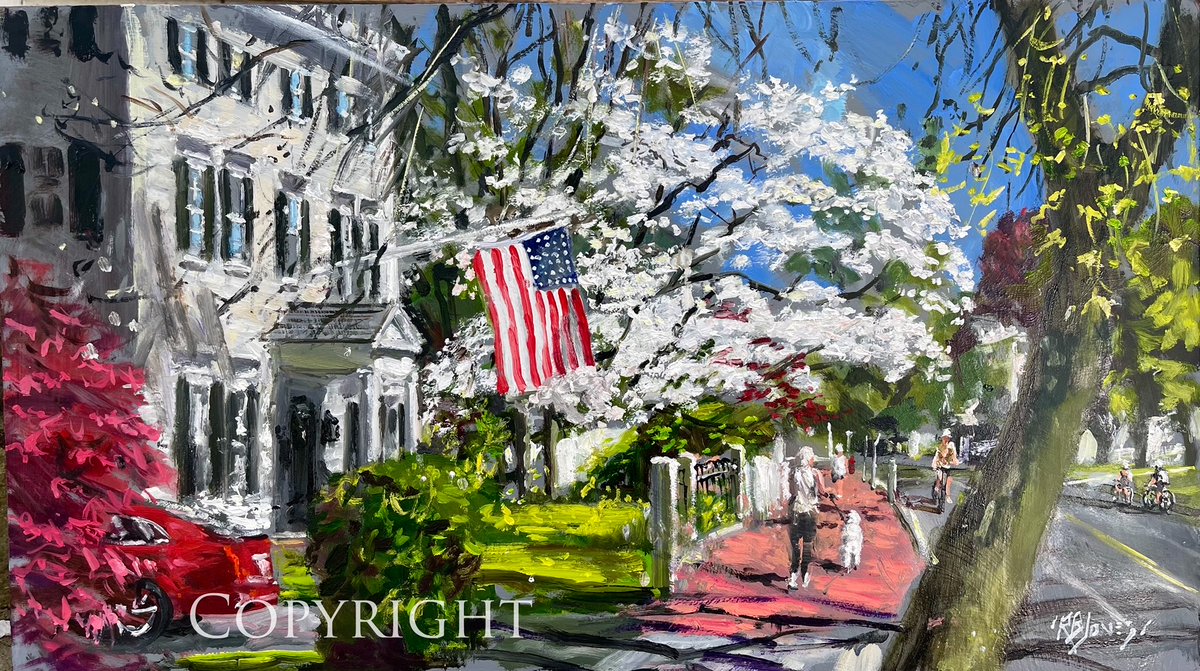RichBurkeJones's tweet photo. High St, Newburyport, Down Along, a Flag and Spring Time Flowering Tree, 14" x 24", oil, Richard Burke Jones https://t.co/7kwvIpuwbX https://t.co/geyxUt5yvu