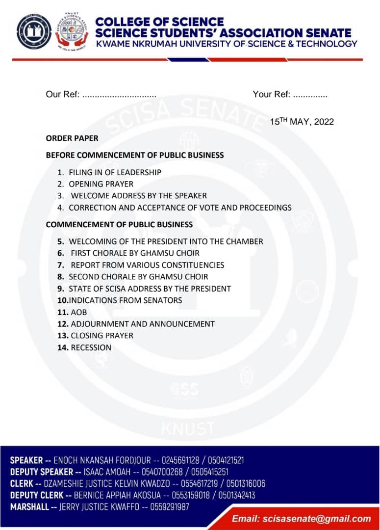 thescisasenate's tweet image. STATE OF SCISA ADDRESS 

ORDER OF THE DAY 

The House convenes this afternoon at 1:30 pm prompt. 

#SOSA22
#ScisaSenate