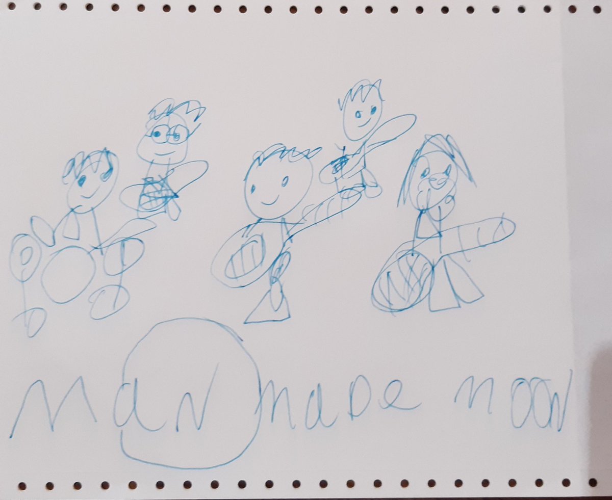 manmademanofmen's tweet photo. Ivy, whose 6 drew a picture of Man Made Moon, Nick who is far right in the picture is particularly pleased with the likeness 🤣 https://t.co/6rFzwCWz9m
