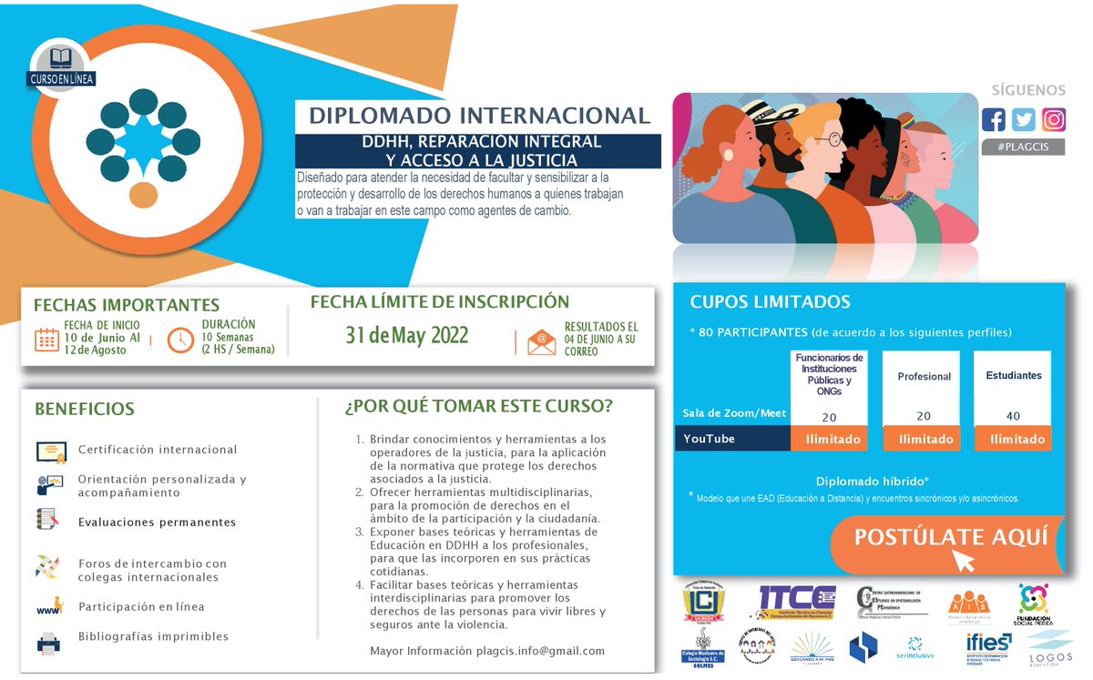 plagcis's tweet photo. I Edición #Diplomado en "Derechos Humanos, Reparación Integral y Acceso a la Justicia" 

#Gratuito 

Inscríbete:  https://t.co/6t2OWe1Xz8  

Mayor infor: plagcis.info@gmail.com https://t.co/49PnWDK9iv