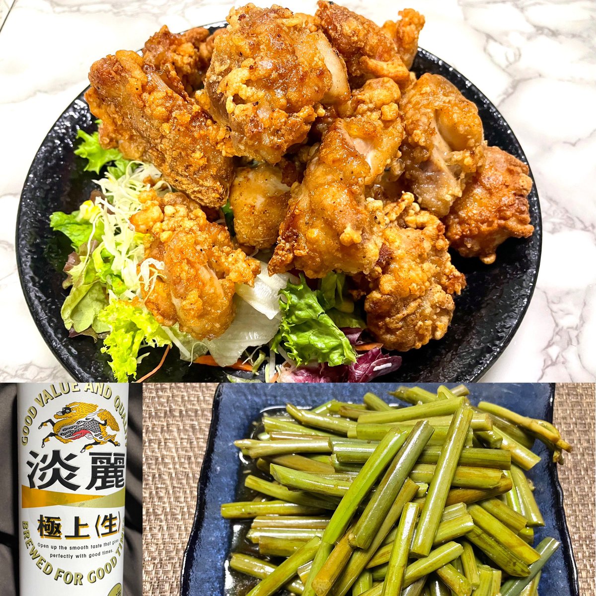 夜ごはん🍽😋 ☘️にんにく醤油唐揚げ ☘️ワラビのにんにくごま油和え 淡麗で乾杯🍻 ニンニクづくしで超美味い🧄🤤