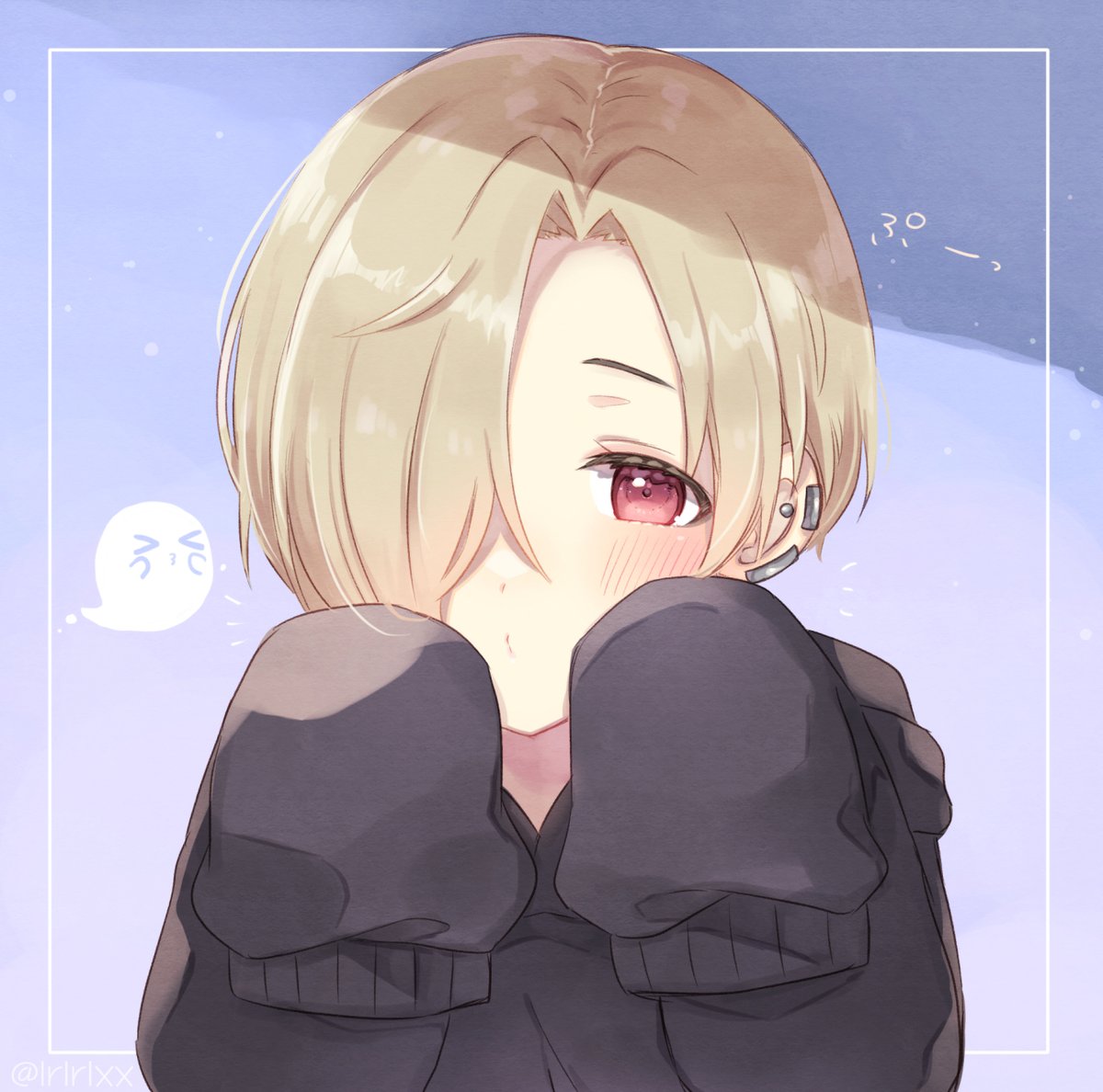 shirasaka koume 1girl sleeves past wrists hair over one eye sleeves past fingers blonde hair solo piercing  illustration images