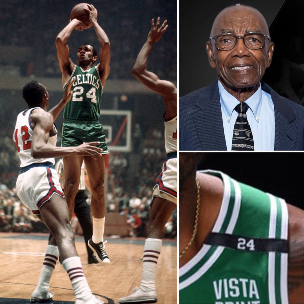 DanKelley66's tweet photo. Celtics are wearing “24” on their uniforms this season to honor the late, great Sam Jones. The 10-time NBA Champion happens to hold the record for most points in a NBA Playoffs Game 7 victory (47 in 1963). Hopefully Mr. Clutch is watching over TD Garden today. ☘️💚#BleedGreen https://t.co/hq9t6t9W5z