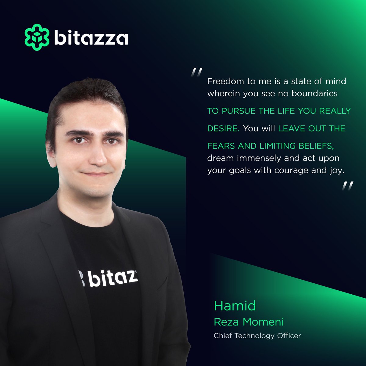 BitazzaGlobal's tweet photo. Learn what Freedom means to Hamid Reza Momeni, Bitazza’s Chief Technology Officer. https://t.co/tqnhtmGoOw