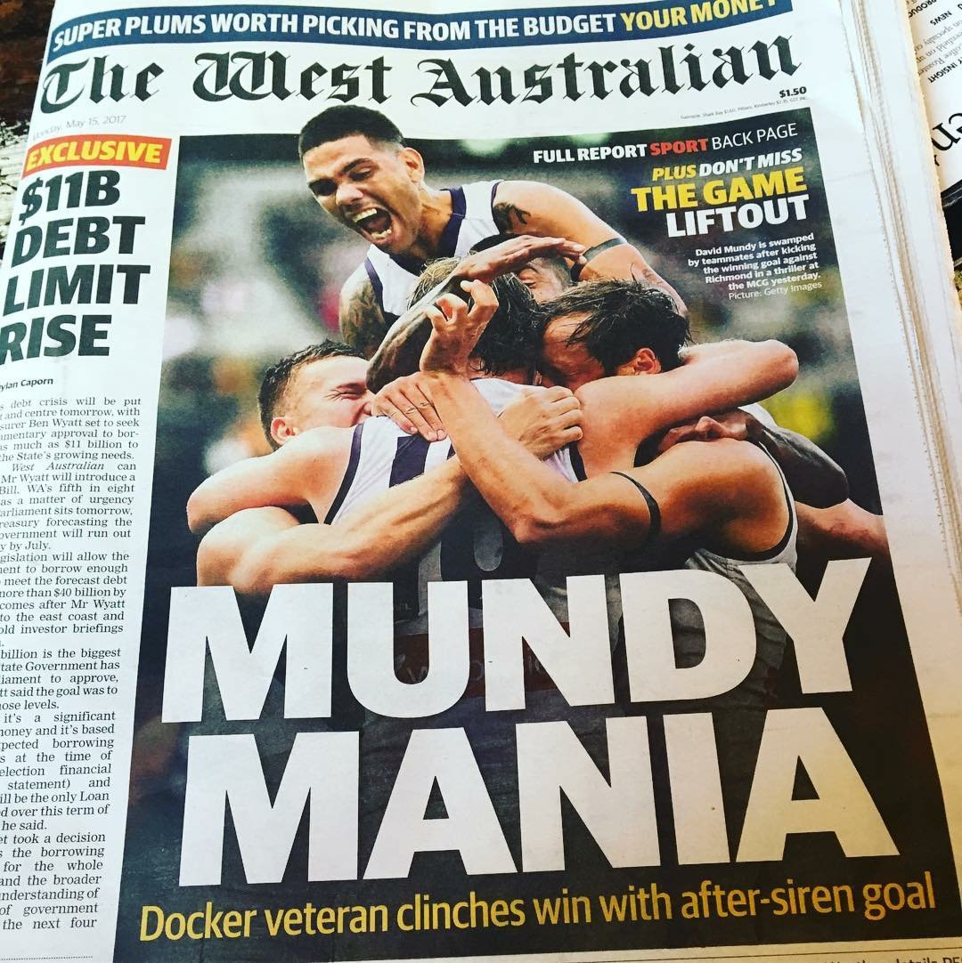 freopics_'s tweet photo. What a win 5 years ago yesterday against the Tigers at the G. So much Mundy love 💜
#instamemory from May 15th 2017.
Loving the front page today 🙌🏻@thewestaustralian @freodockers
#foreverfreo https://t.co/jRvm8Cv5Jw