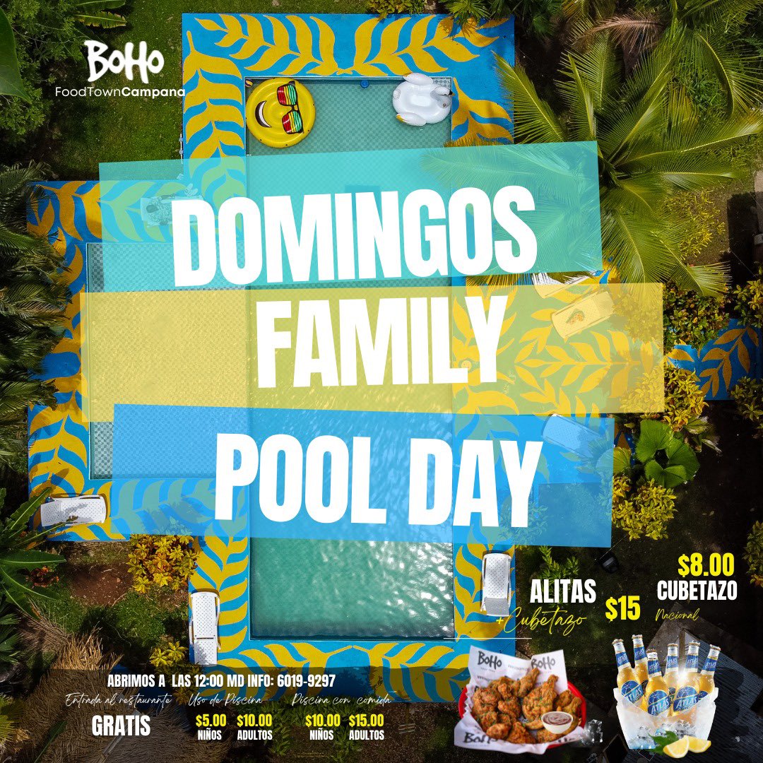 frobinsonpty's tweet photo. Si no tienes piscina en tu casa y quieres sacar a los pelaos, llévalos a los #FamilyPoolDay en @bohofoodtown Campana, cerquita de la ciudad y la pasarás en bomba. https://t.co/nYJ2O6SIws