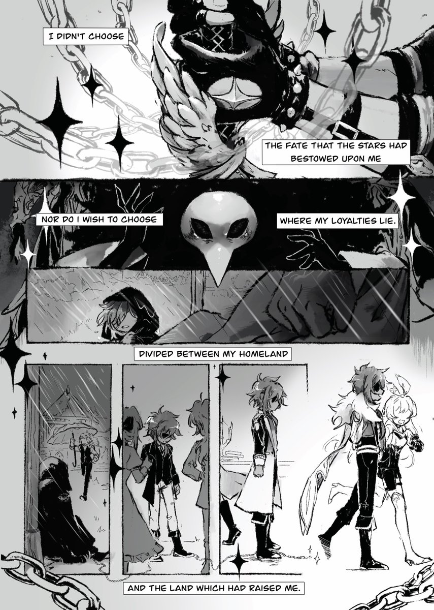 The comic I did for @kaeyazine :) Musings about Kaeya's past, present, and future. The shackles of duties, and the burden of fate. (Platonic/no ship) 