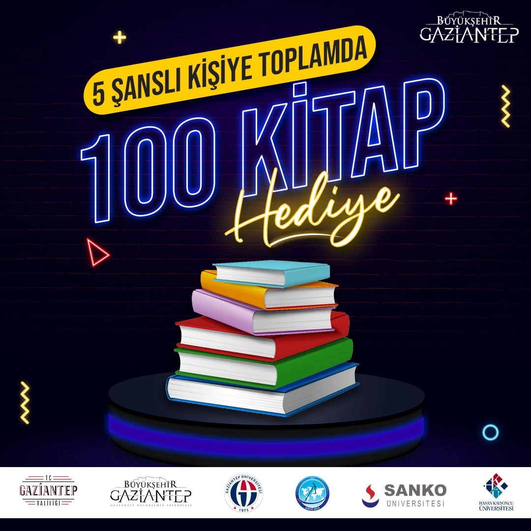 Çekiliş var!🎉
5 kişiye toplamda 100 adet kitap hediye ediyoruz🎁
Kazanmak için yapman gerekenler -<a href="/gkitapfuari/">Gaziantep Kitap Fuarı</a>  hesabını takip et.
- Çekiliş tweetini beğen.
- Yoruma 3 arkadaşını etiketle.
Çekiliş sonuçları 21 Mayıs 2022 tarihinde sosyal medya hesaplarımızdan açıklanacaktır.