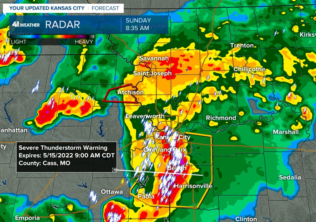 A severe thunderstorm with up to 60 mph winds possible and small hail is moving across Cass County right now. Notice the two other thunderstorms northeast of Manhattan and farther to the NW. That last one will be the final one. Temps are dropping into the 50s!