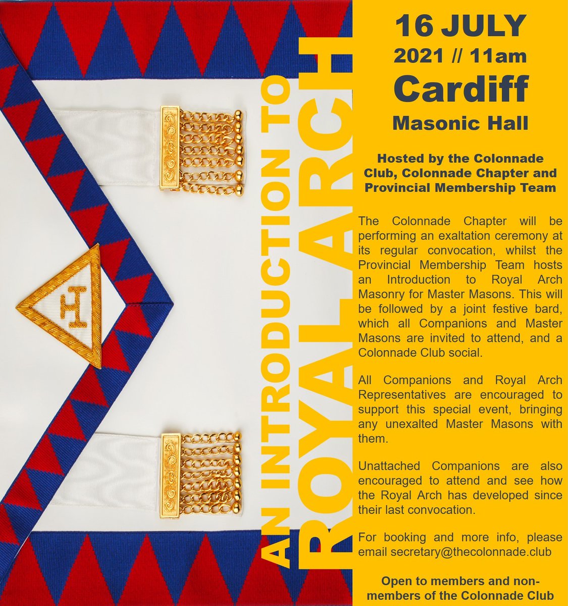 ClwbColonnade's tweet image. We&apos;re really excited to be working with @Colonnade7305 &amp;amp; @SouthWalesRA for this Introduction to Royal Arch event. All Master Masons as well as unattached Companions are encouraged to attend. Open to members and non-members of the Club. @GrandChapter @GSuptSouthWales