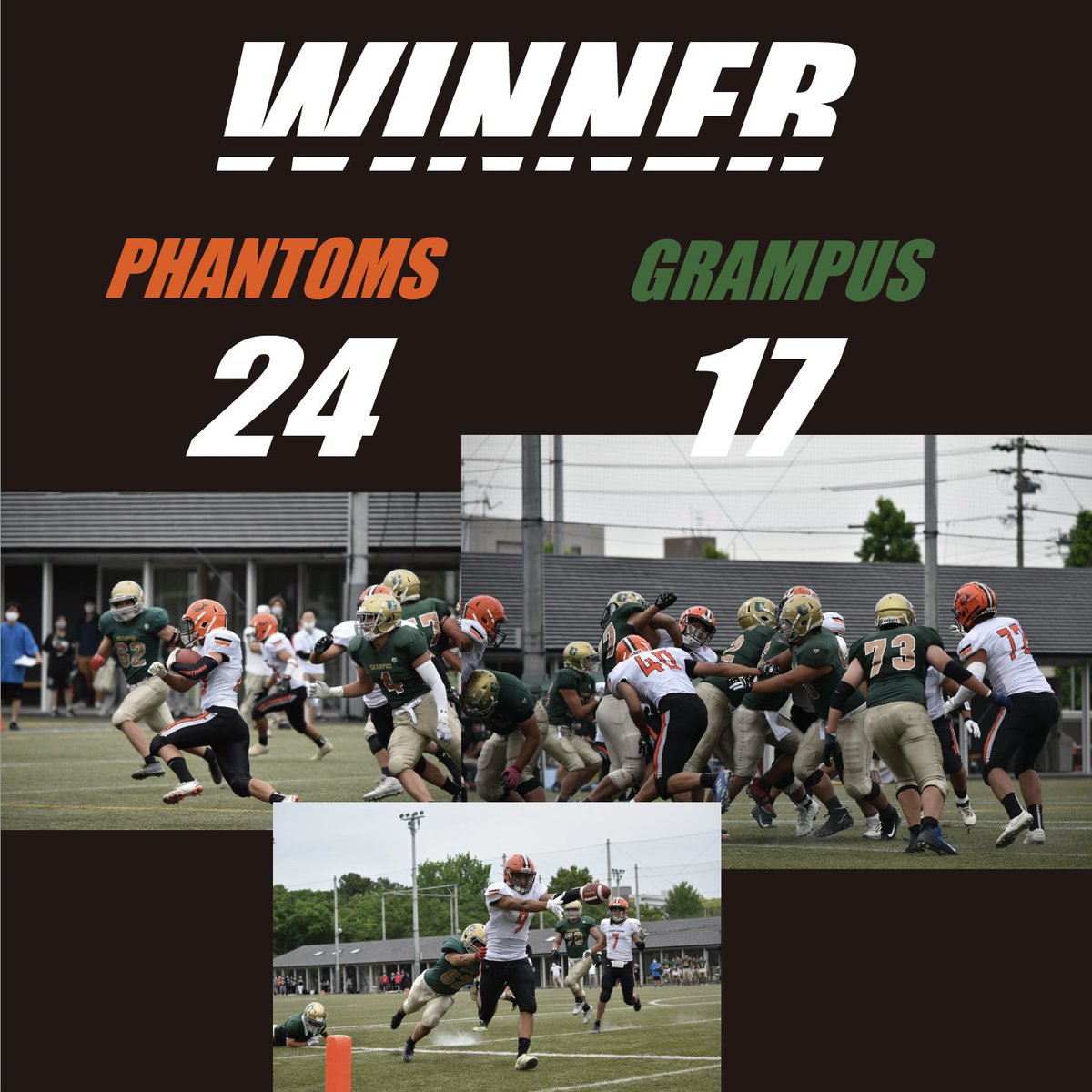 phantomsjp1's tweet photo. 🔥春フェスタ第1試合🔥

【vs 名古屋大学 GRAMPUS】
5月15日(日)　13:00 kick off
@テラスポ鶴舞

新生PHANTOMS初の公式戦を見事勝利で飾ることが出来ました！🏆🏈
最後まで粘り続けたことができた結果だと感じています！
皆様沢山のご声援ありがとうございました🌟

#アメフト #岐阜大学 #phantoms https://t.co/Adh63ChpWd
