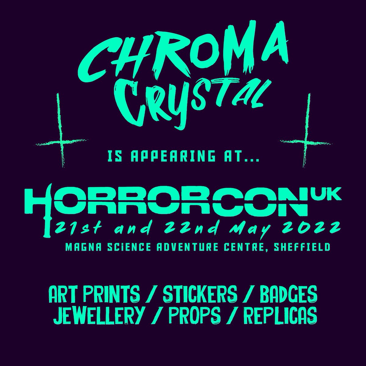 ChromaCrystal's tweet photo. We’ll be making our first appearance at @Horrorconuk next weekend! We have a LOT of new stuff we’ve been working on which we’ll be debuting. Come by the stand and say hey ✌🏻💀 
.
.
.
#chromacrystal #chromacrystalcult #horrorcon #horrorconuk #horrorvhs #horrorvhs #horrorstickers https://t.co/dYIPcpp3Ou