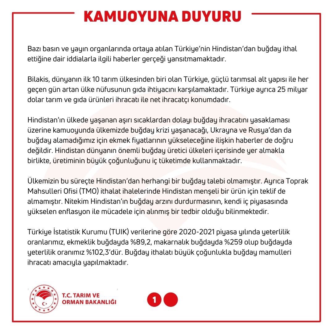 TCTarim's tweet photo. Bazı basın ve yayın organlarında ortaya atılan Türkiye’nin Hindistan’dan buğday ithal ettiğine dair iddialarla ilgili açıklama yapılmasına gerek duyulmuştur. https://t.co/fAqhkwr85T
