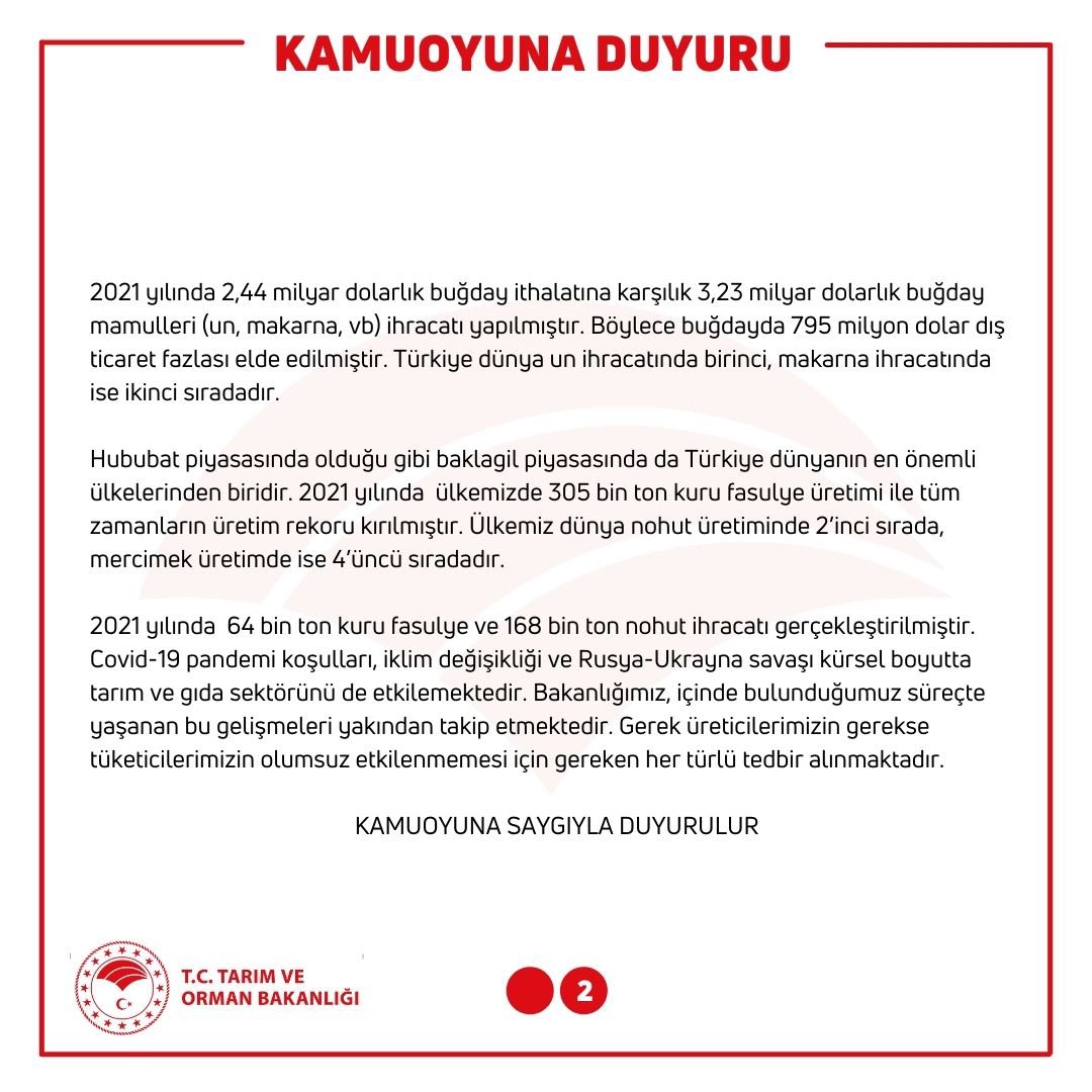 TCTarim's tweet photo. Bazı basın ve yayın organlarında ortaya atılan Türkiye’nin Hindistan’dan buğday ithal ettiğine dair iddialarla ilgili açıklama yapılmasına gerek duyulmuştur. https://t.co/fAqhkwr85T
