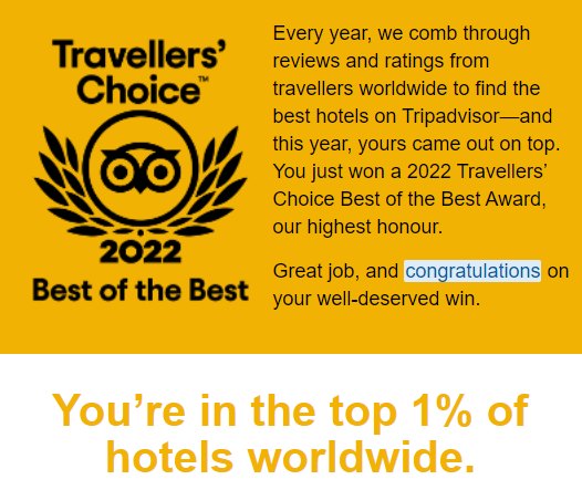 We are so pleased and so proud to have been awarded the <a href="/Tripadvisor/">Tripadvisor</a> 'Best of the Best' award based on our guest reviews over the past year. <a href="/BandBassoc/">The B&B Association</a>