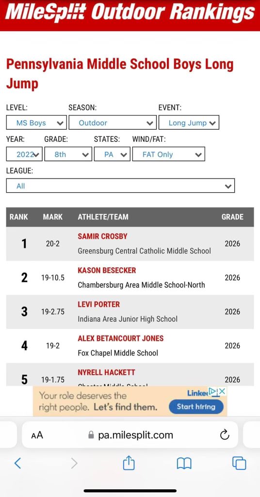 samir_crosby's tweet photo. Yesterday was last JH track meet at Latrobe county meet, came 1st in long jump, 3rd in high jump, and 2nd in the 100m. Set a new pr for long jump with 20ft 8in! Broke a bunch of records this season and even got a chance to be named #1 in the state in my events https://t.co/dTtqBLmOld