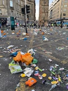 GlasgowCC's tweet photo. A shout out 👏 to our cleansing teams who had to tackle the litter left behind in Merchant City last night...please remember to bin your rubbish or take it home with you...it is not acceptable to leave it behind or damage infrastructure https://t.co/SxWxGuYI7c