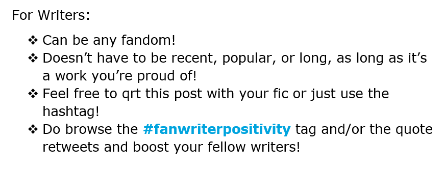 WritingSkyKing's tweet photo. I want to spread positivity for writers in fandom so!
Post a screenshot of a fic you wrote that you really liked, and tell us what you most liked about it + how long it took to finish + anything else u'd like to share!
(Add link in the comments bc twt dumb!)
#fanwriterpositivity https://t.co/kxOJNWWpJc