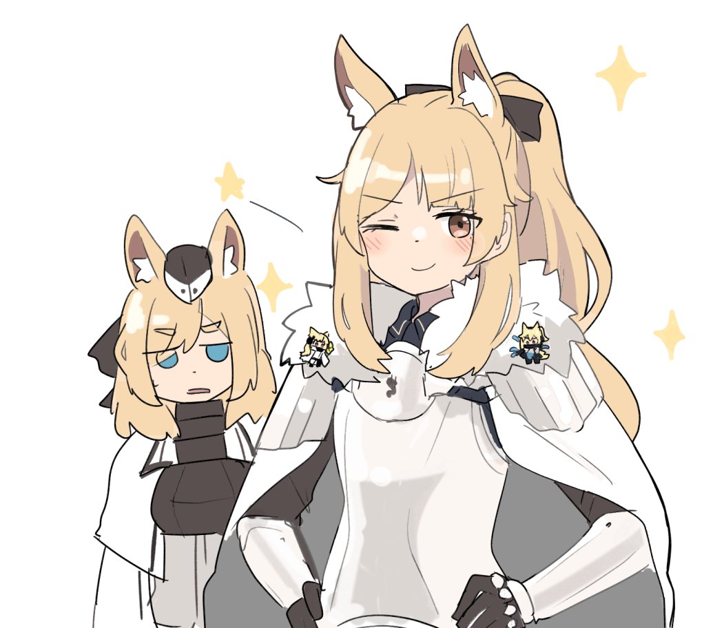 whislash (arknights) multiple girls animal ears one eye closed blonde hair horse ears hands on hips blue eyes  illustration images