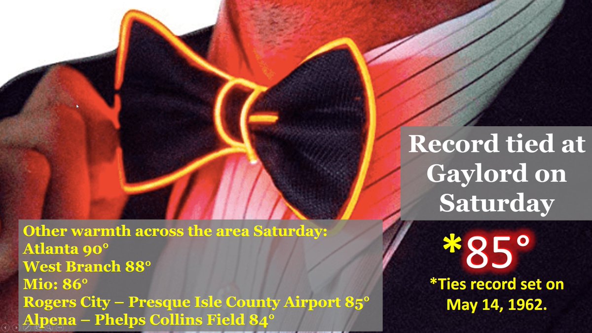 NWSGaylord's tweet photo. Think the warmth has been sort of a broken record? WRONG! While it was warm Saturday, we managed to only TIE a record at Gaylord yesterday, with a high of 85. The record high was set in 1962. A return to normal, to even below normal temperatures will start this week. #MIwx https://t.co/M6R8yCvGHu