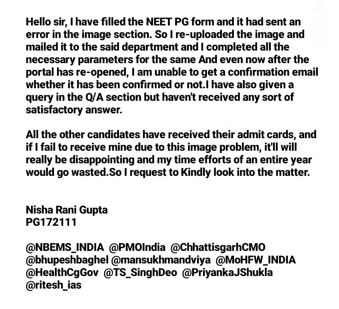AyushGu19678116's tweet photo. @NBEMS_INDIA  @PMOIndia  @ChhattisgarhCMO  @bhupeshbaghel @mansukhmandviya  @MoHFW_INDIA  
@HealthCgGov  @TS_SinghDeo  @PriyankaJShukla 
@ritesh_ias https://t.co/wbRkF8b0XA
