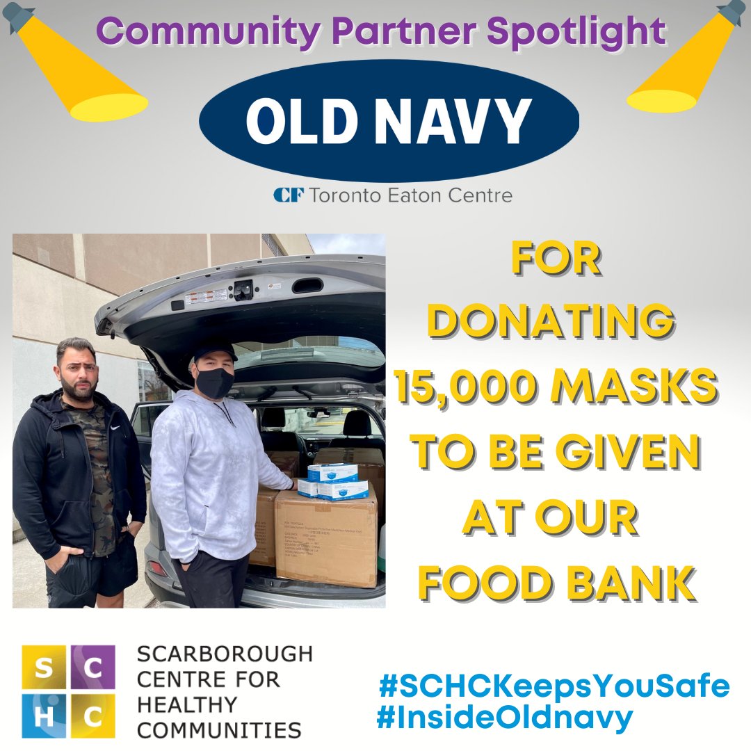SCHCOnt's tweet photo. We want to give a big thank you & #Community Partner Spotlight to Isaac and his team at the #EatonCentre #OldNavy for donating 15,000 masks! These masks will be distributed to those in need of them at our Food Bank! #SCHCKeepsYouSafe #InsideOldNavy #Scarborough #ScarbTO @OldNavy https://t.co/c6IoKrfkbd