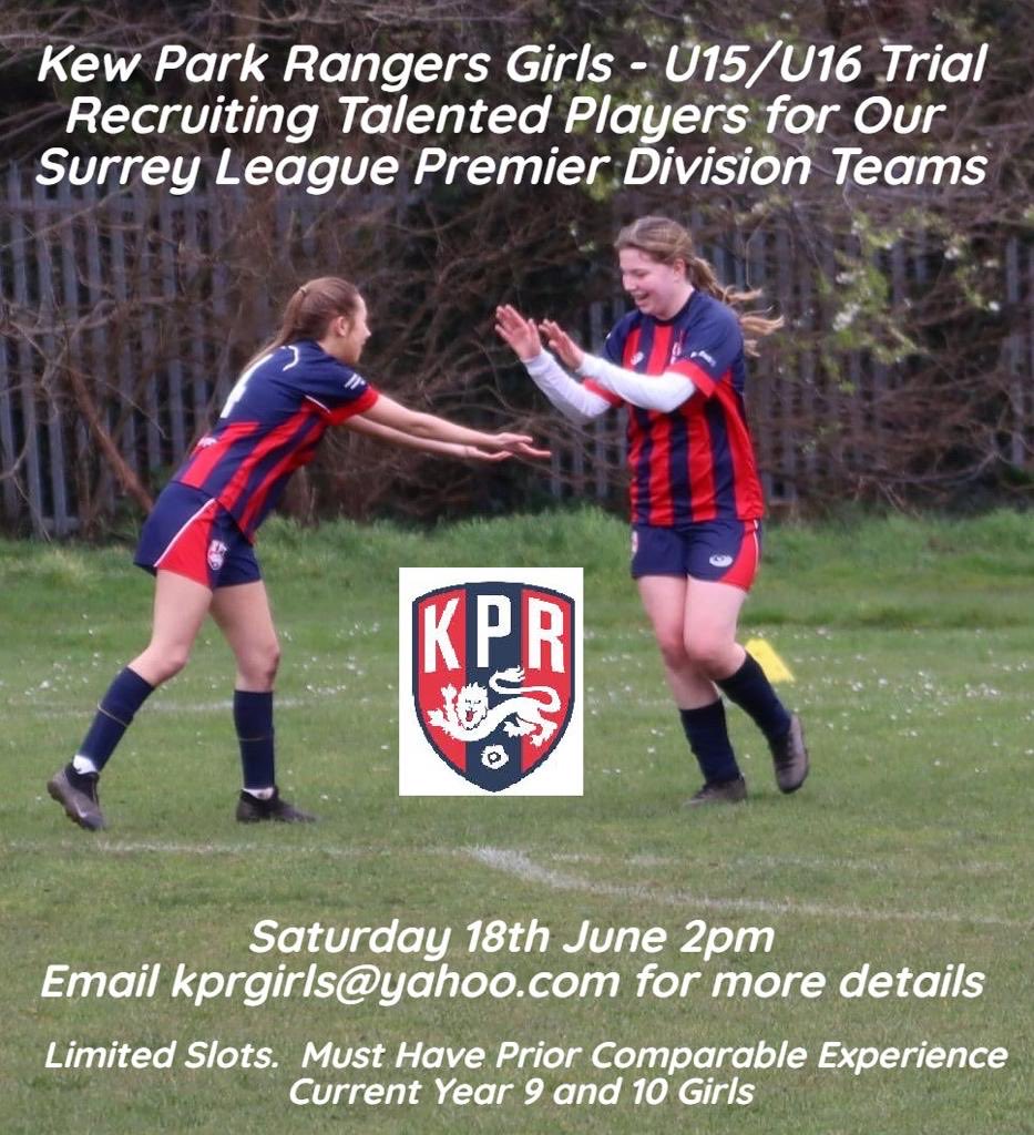 KPRGirls's tweet photo. Trial for our 2022-23 U15 and U16 Premier Division teams on 18th June.  Spread the word.  ⁦@SCWGL⁩  ⁦@KPRfootballclub⁩ https://t.co/9gDdMbhWQd