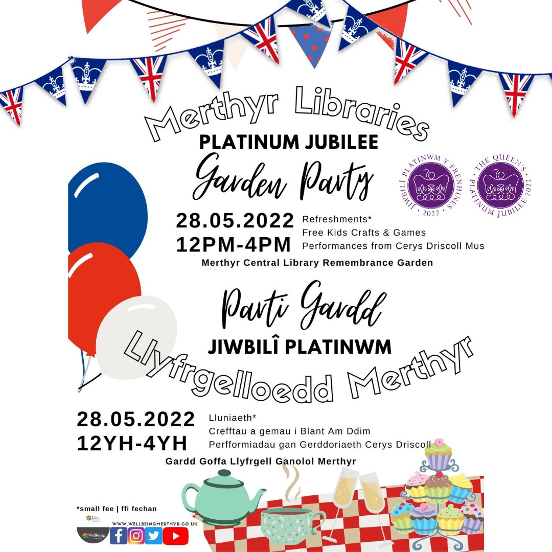 WellbeinMerthyr's tweet photo. 👸👑Jubilee Garden Party👑👸
Join us at Merthyr Library Remembrance Garden! 

👸👑 Parti Gardd Jiwbilî👑👸
Ymunwch â ni yng Ngardd Goffa Llyfrgell Merthyr!

📆28.05.22

#wellbeingmerthyr #merthyrlibrary #gardenparty #jubilee #platinumjubilee https://t.co/xxQT2E2B0Q