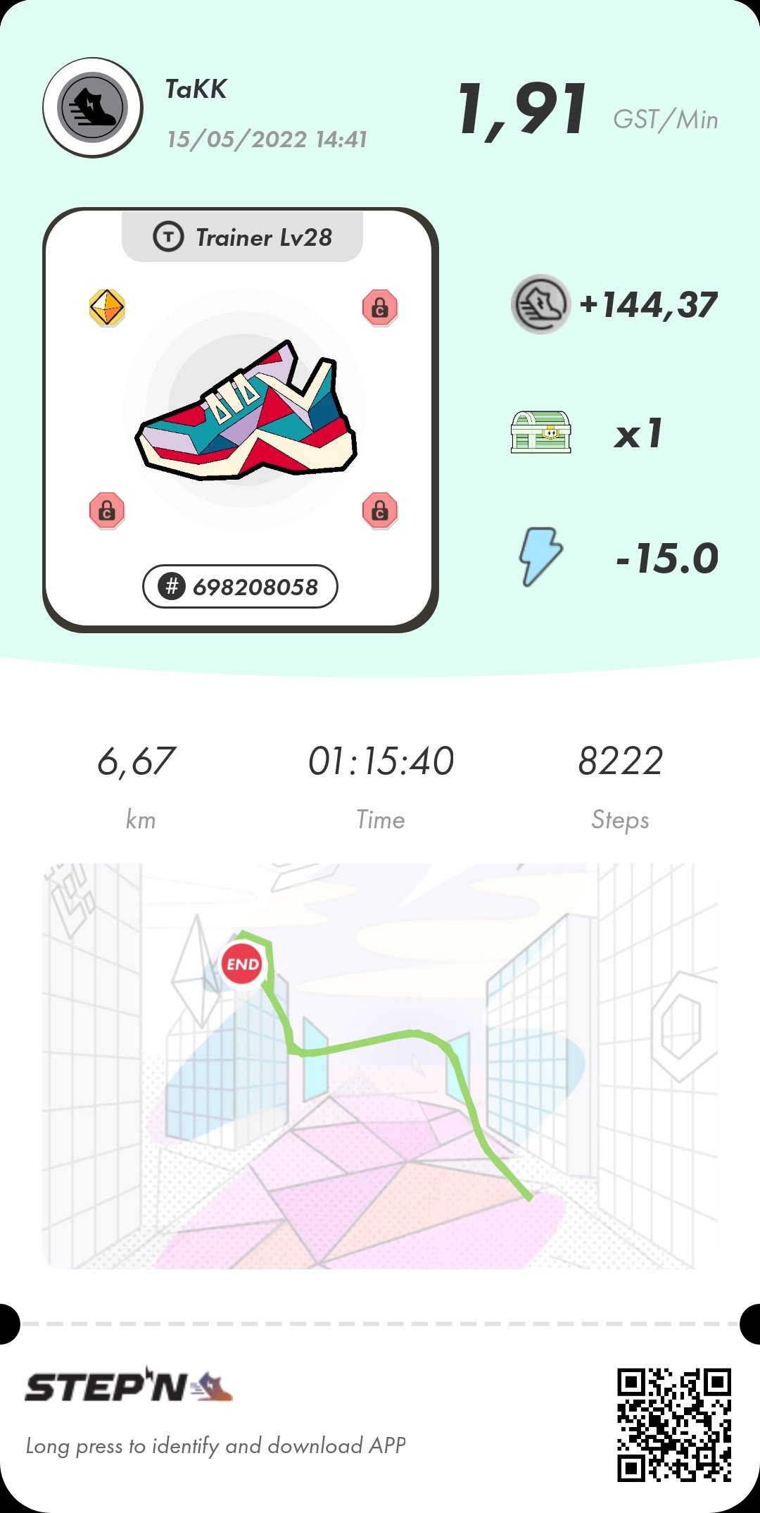 TaKK on X: 👋 DAY 68 ! 1ère MB uncommon 🥰 Trainer Common lvl 28 👟 Energy  15/12 ⚡️(75min) Mystery box : LVL 2 🎁 GST earned : 144.37 🎁 GST price 