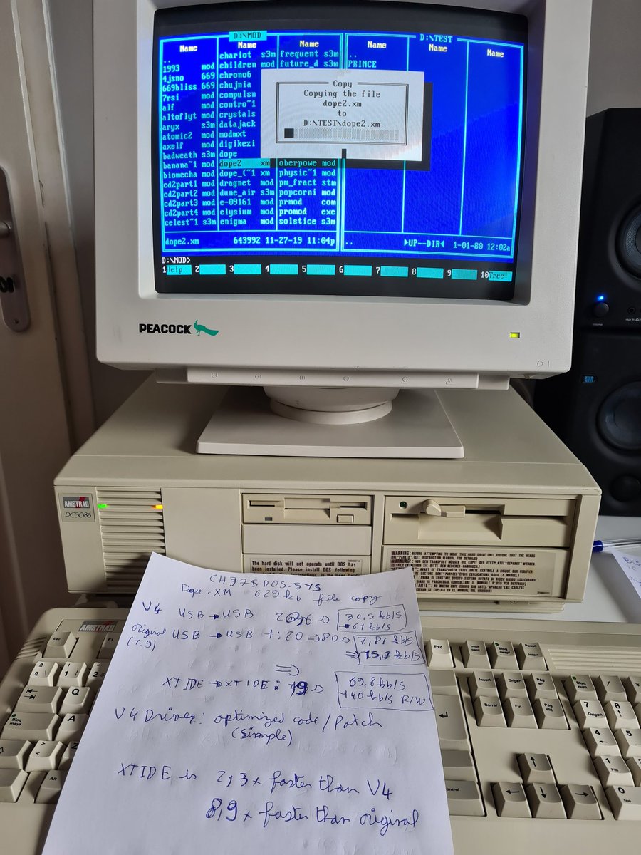 FreddyVETELE's tweet photo. Result of my Quick optimisation session for CH375DOS.SYS ISA to USB original driver.
When a device is tested on youtube and shown as extremely slow.... :)
8086 8MHz Amstrad PC3086
#xtide #retrocomputing https://t.co/SP6ghoFyLV