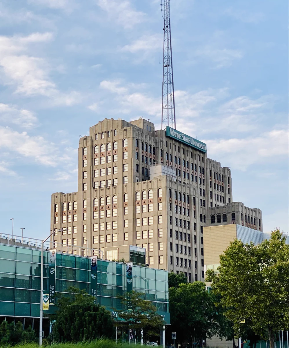 Wayne State University Welcome Center and Maccabees building on campus.