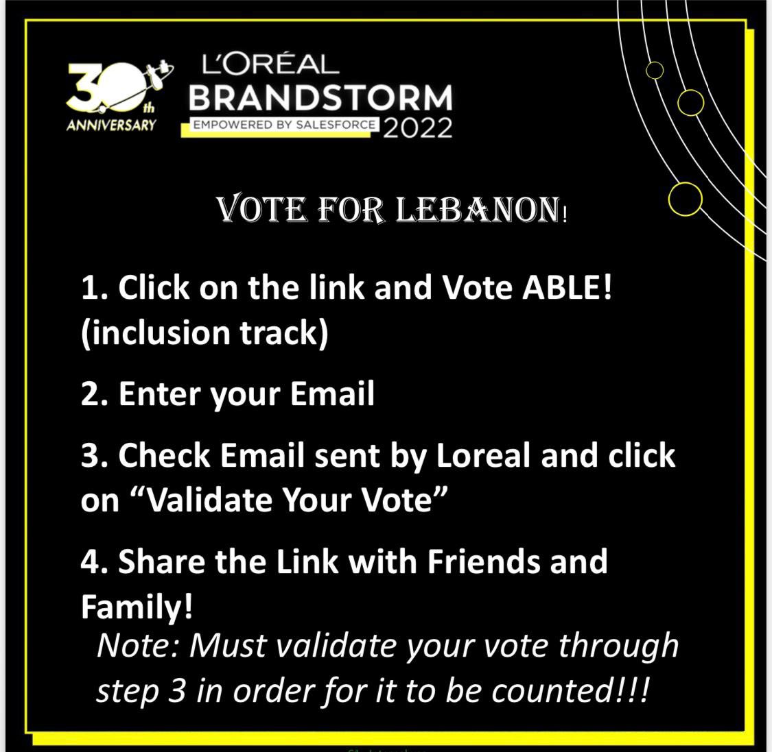 Last voting day for #Brandstorm2022 !!!

Vote ABLE! 

@LOrealGroupe @LOrealCommitted @lorealparisfr @AUB_Lebanon 
brandstorm2022.loreal.com/social/project…