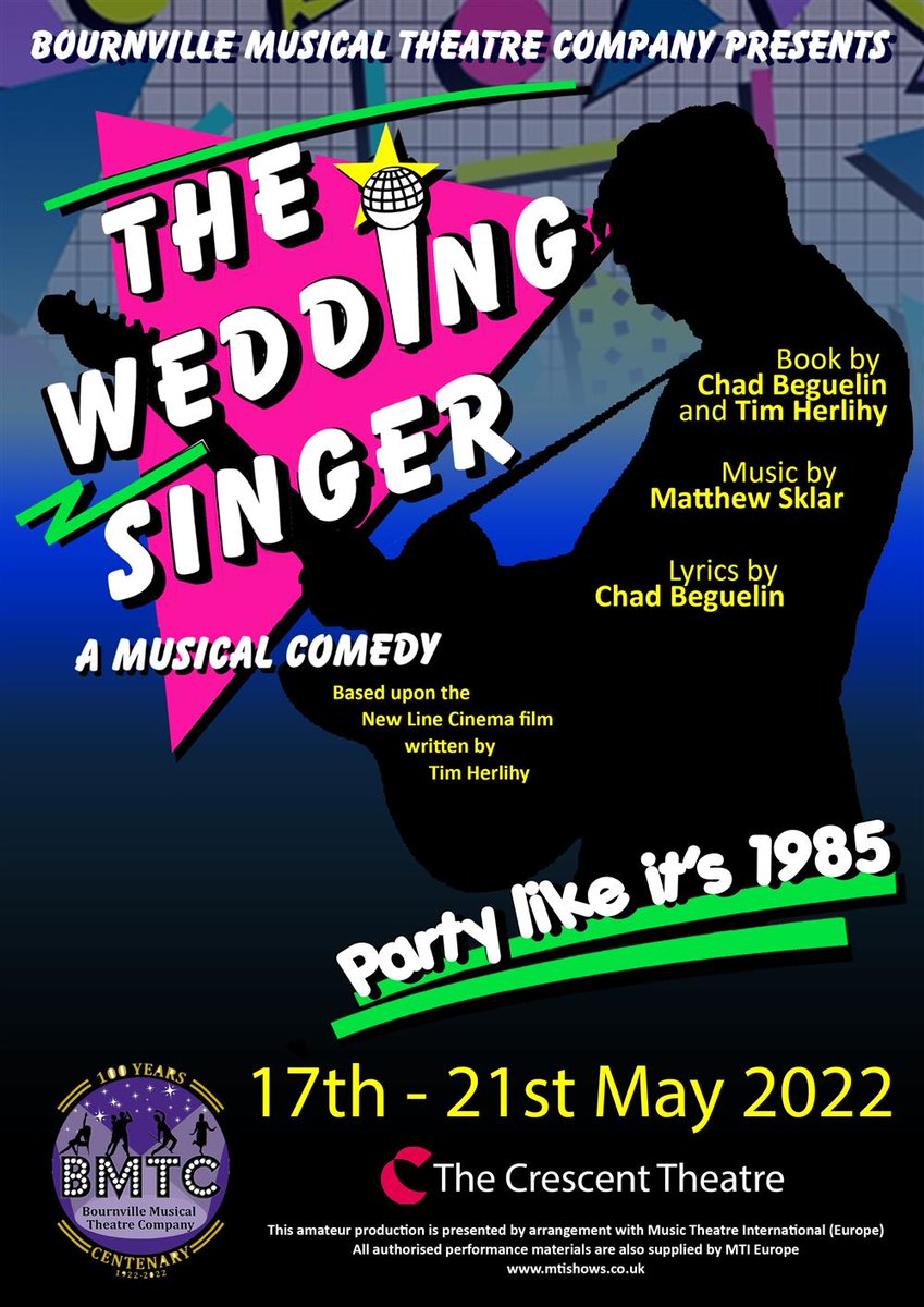 BrumHour's tweet photo. The Wedding Singer @crescenttheatre 

May 17-21 "Break out your crimpers and powder blue tuxedos as award winning @bmtcweb heads back to the 80's with The Wedding Singer."
Tickets: https://t.co/C6R6vb7B26
#Birmingham #BrumHour https://t.co/45pkjRjwlt