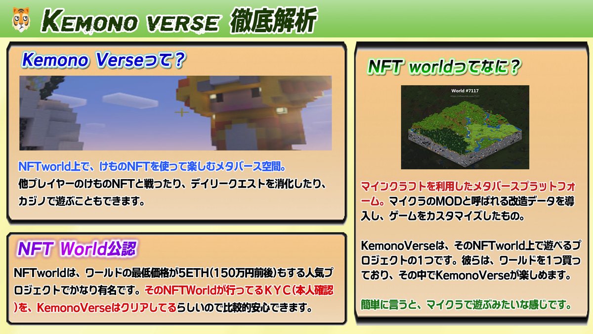 kasotu2525's tweet photo. 🐯 @KemonoVerse 

NFTworld上でけものNFTを使って遊ぶメタバース空間。
ついに、けものNFTのプレセールが開始されました！
なんと、10連回すとLANDもついてくるらしいです！

おさらいで色々まとめました！ https://t.co/fcxNPYfWmb