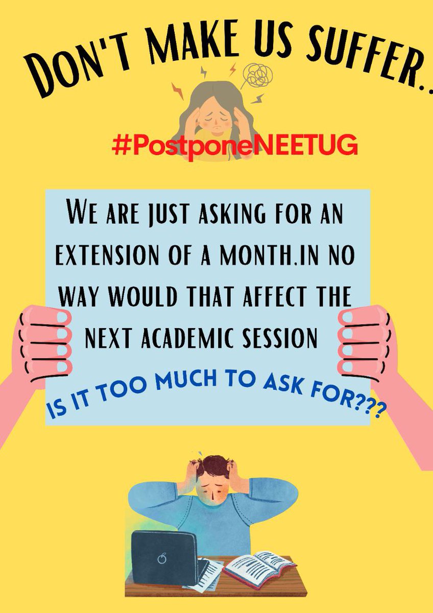 Shivkrmudgal's tweet photo. #PostponeNEETUG 
#postponeneetug2022 
Enough! @dpradhanbjp @DG_NTA 
Majority students need fair chance. Kindly consider their genuine demands. Conduct it in early September.Don't do injustice. 
@AIJNSA_official @UrHimanshuBorah @NidhiTanejaa @vani_mehrotra 
@erPawanBhadana https://t.co/jdkrgCL4uZ