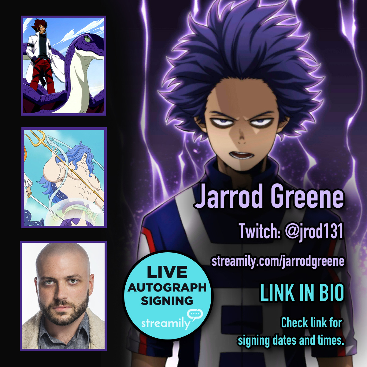 DMJConsult23's tweet photo. .@BuffaloBuffalo is doing another @StreamilyLive signing next Sunday!

Autographs can be purchased here:
https://t.co/MJkCpy36SZ

5% of all sales will be donated to @winstonswish 

#JarrodGreene 
#MyHeroAcademia #FairyTail #OnePiece #Nanbaka #Overlord #BlackClover #DivineGate https://t.co/GtmSS3ghHh