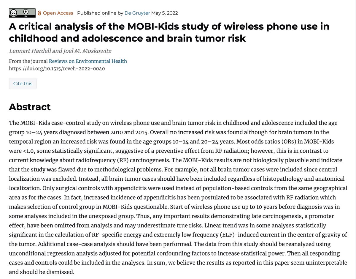 MicrowaveNews's tweet photo. “In our opinion, the results as reported in the MOBI-Kids paper seem uninterpretable and should be dismissed.”
— Lennart Hardell (🇸🇪) &amp; Joel Moskowitz (@berkeleyprc 🇺🇸) on study of brain tumor risk among 10-24-year olds and use of cell phones.
Open access
https://t.co/PYrG0et2mY https://t.co/If9rZpHuIC