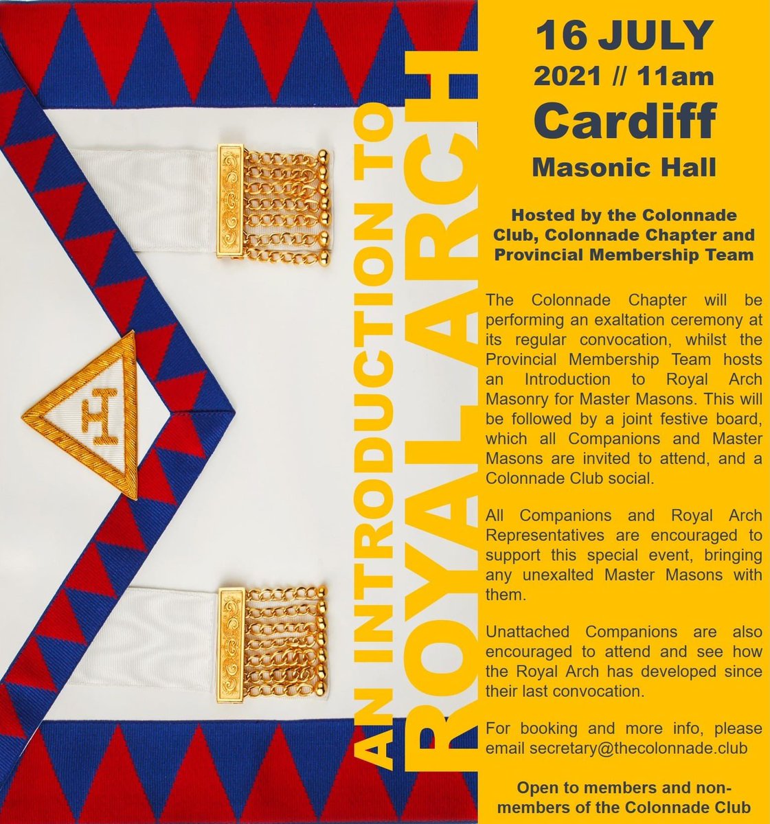 📣 July 16th <a href="/CardiffMasonic/">Cardiff Masonic Hall</a> 11am

Royal Arch members <a href="/ClwbColonnade/">Colonnade Club</a> will perform an exaltation, welcoming a new Companion to <a href="/SouthWalesRA/">Provincial Grand Chapter of South Wales</a> whilst the <a href="/SWalesLearning/">South Wales Masonic Learning & Development</a> team will host an introduction event for members <a href="/SouthWalesMason/">Provincial Grand Lodge of South Wales</a> interested in taking the next step!