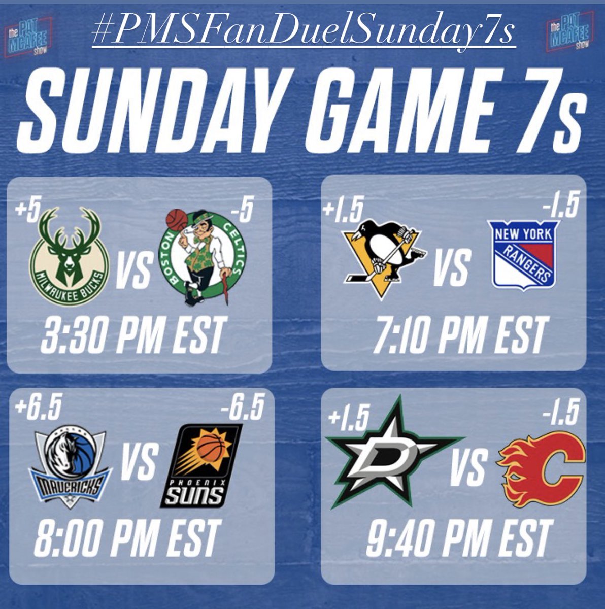 PatMcAfeeShow's tweet image. GAME 7s ALLLLLLL DAY…calls 4 a celebratory giveaway contest right?

Tweet #PMSFanDuelSunday7s AND your picks for every game (using spreads from graphic)…if you go 2/4.. you’ll be auto entered to potentially win $599 (10 winners) and some 🔥🔥 merch

Good luck &amp;amp; #THANKYEWSPORTS
