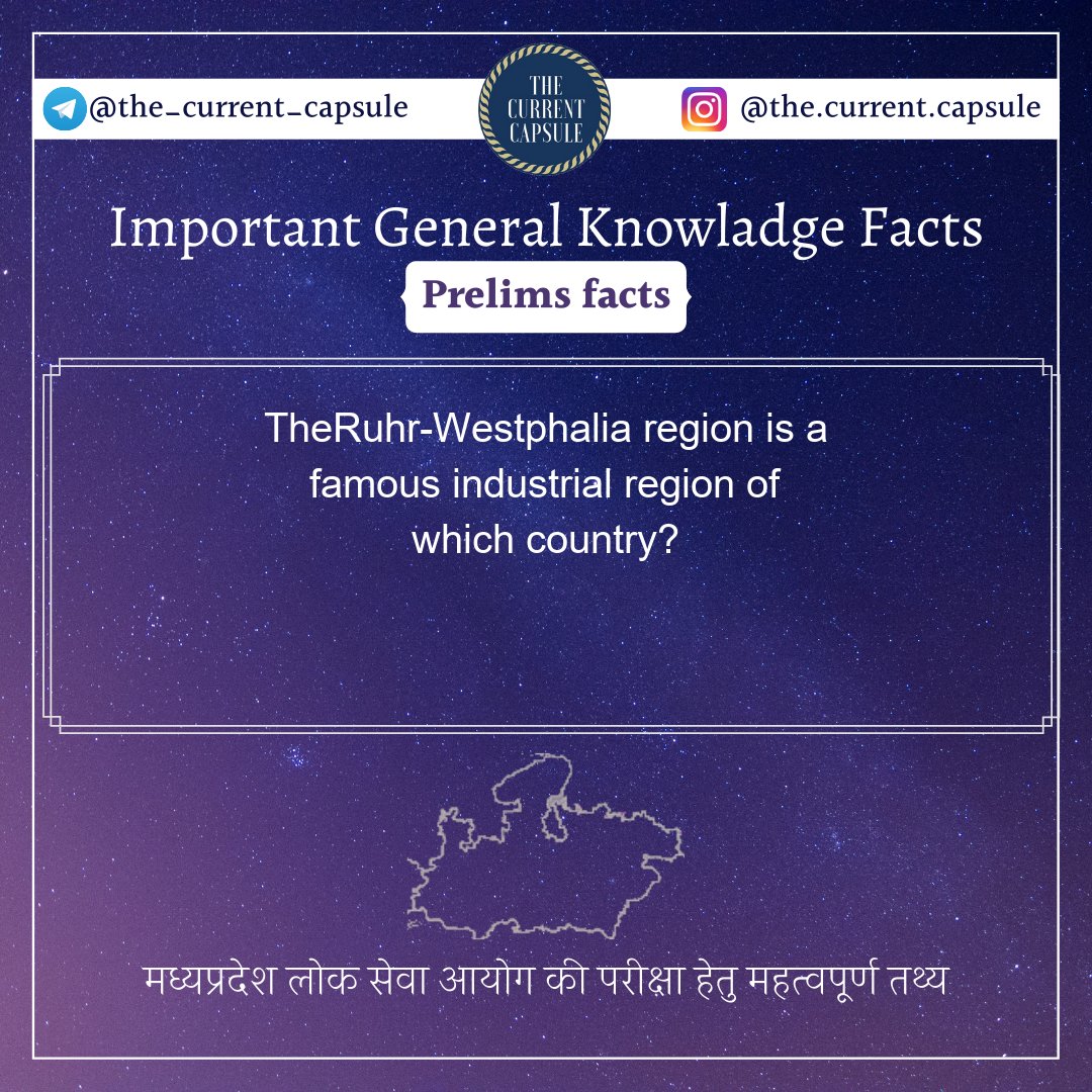 current_capsule's tweet photo. TheRuhr-Westphalia region is a famous industrial region of which country?
Answer : Germany
 #generalknowladge #gk #ssc #ias #ips https://t.co/4oDsqkByaU