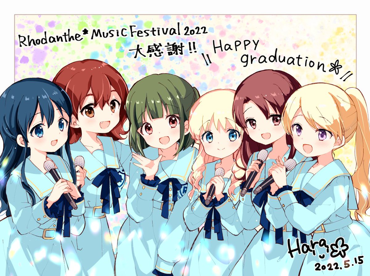 multiple girls blonde hair 6+girls blue eyes holding microphone smile  illustration images