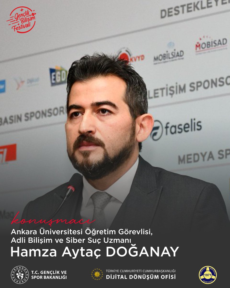 Gençlik Bilişim Festivali'nde Ar-Ge ve Girişimcilik faaliyetleri konusuyla Ankara Üniversitesi Öğretim Görevlisi, Adli Bilişim ve Suç Uzmanı Sayın Hamza Aytaç Doğanay ile birlikte olacağız.

🔹<a href="/4n6_tur/">Hamza Aytaç DOĞANAY</a>
🔹<a href="/gencliksporbak/">Gençlik ve Spor Bakanlığı 🇹🇷</a>
🔹@dijital_tr
🔹<a href="/tbdmerkez/">TBD Türkiye Bilişim Derneği</a>
🔹<a href="/GSB_KYGM/">Kredi ve Yurtlar Genel Müdürlüğü</a>
🔹<a href="/GSBgenclik/">Gençlik Hizmetleri</a>