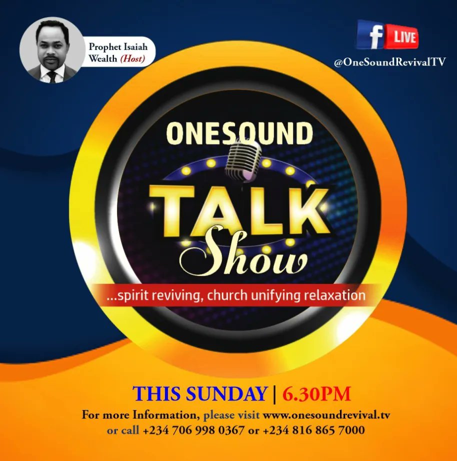 gospelhotspot0's tweet photo. Are you ready to have the time of your life on today's episode of the OneSound Talk Show. Catch us LIVE on OneSound Revival TV on Facebook @ 6:30pm GMT+1.
#OneSound #onesoundrevival #onesoundrevivaltv #onesoundtalkshow #ProphetIsaiahWealth #gameshow #unity #unityofthechurc https://t.co/h8afkqqmEs