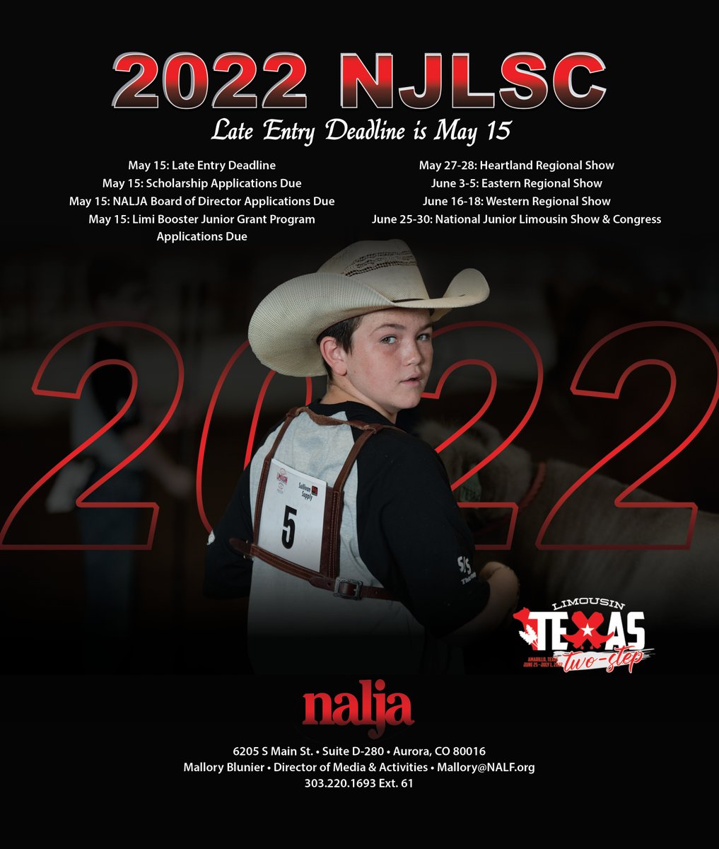 Don't forget, the late entry deadline is TODAY! It is your last change to enter for all regional shows and the 2022 NJLSC. All entries are due by 11:59pm CST tonight. #texastwostep #limousinproud #NALJA #regionalshows

For more information please go to nalf.org/juniors/shows.