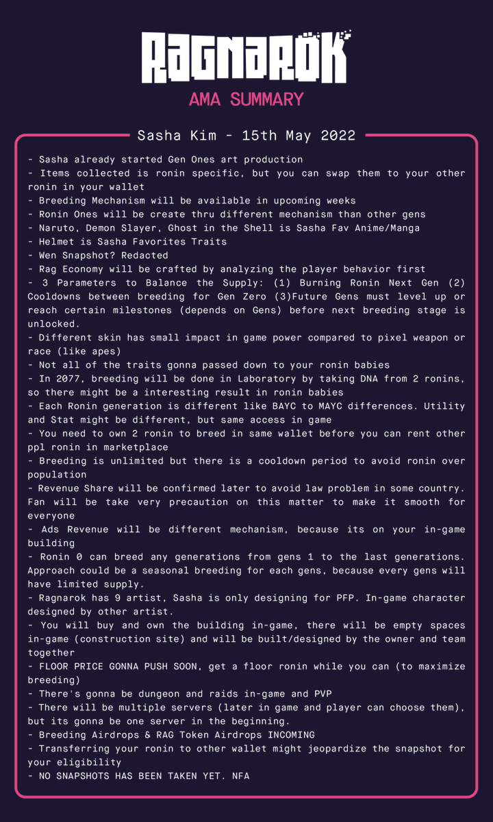 AMA Summary - @RagnarokMeta  - Sasha Kim - 15th May 2022

⚠️ Ronin Ones, Art Inspirations, Breeding, Airdrops, Buildings &amp; Revenue ⚠️
