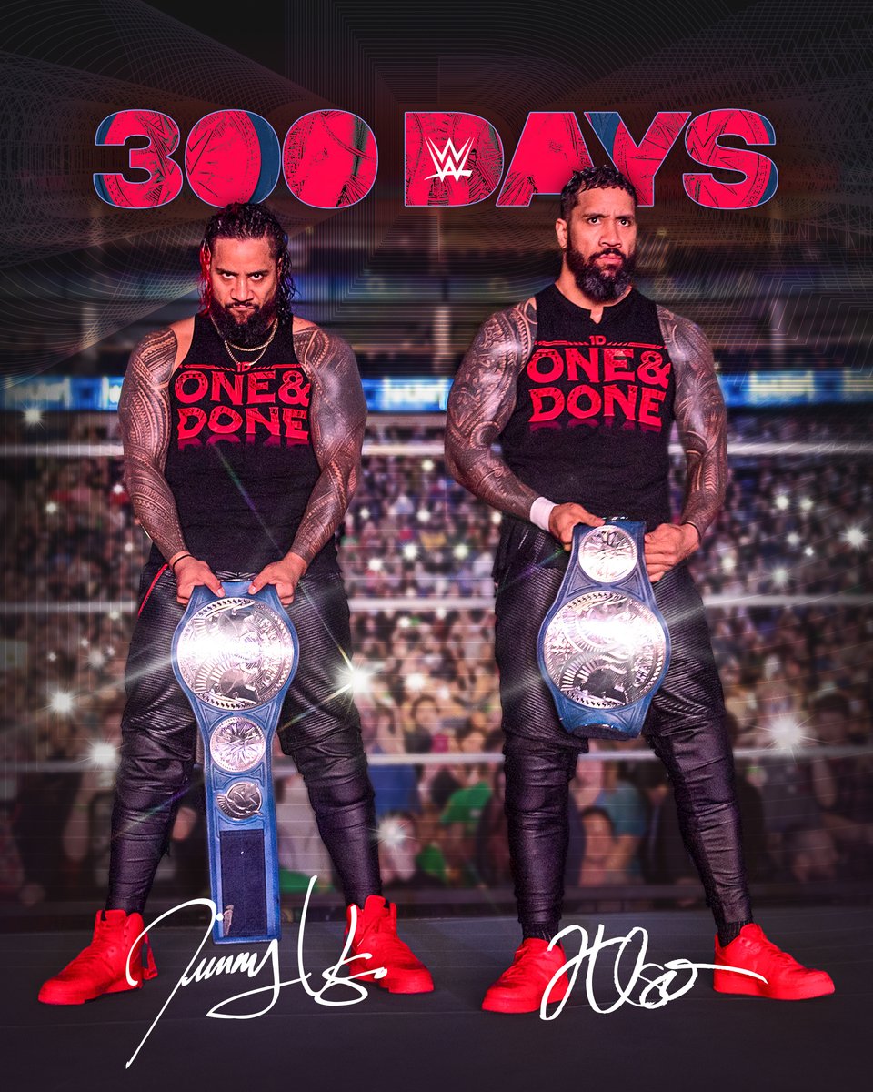 WWE's tweet photo. 3️⃣0️⃣0️⃣ days and counting for @WWEUsos' historic #SmackDown Tag Team Title reign https://t.co/9uryKJOREL